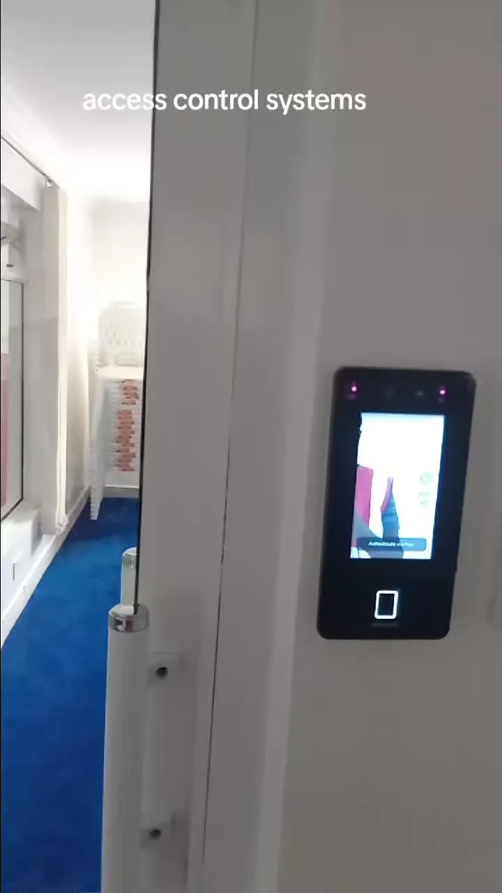 Face recognition access control terminal with a fingerprint sensor beside an office door