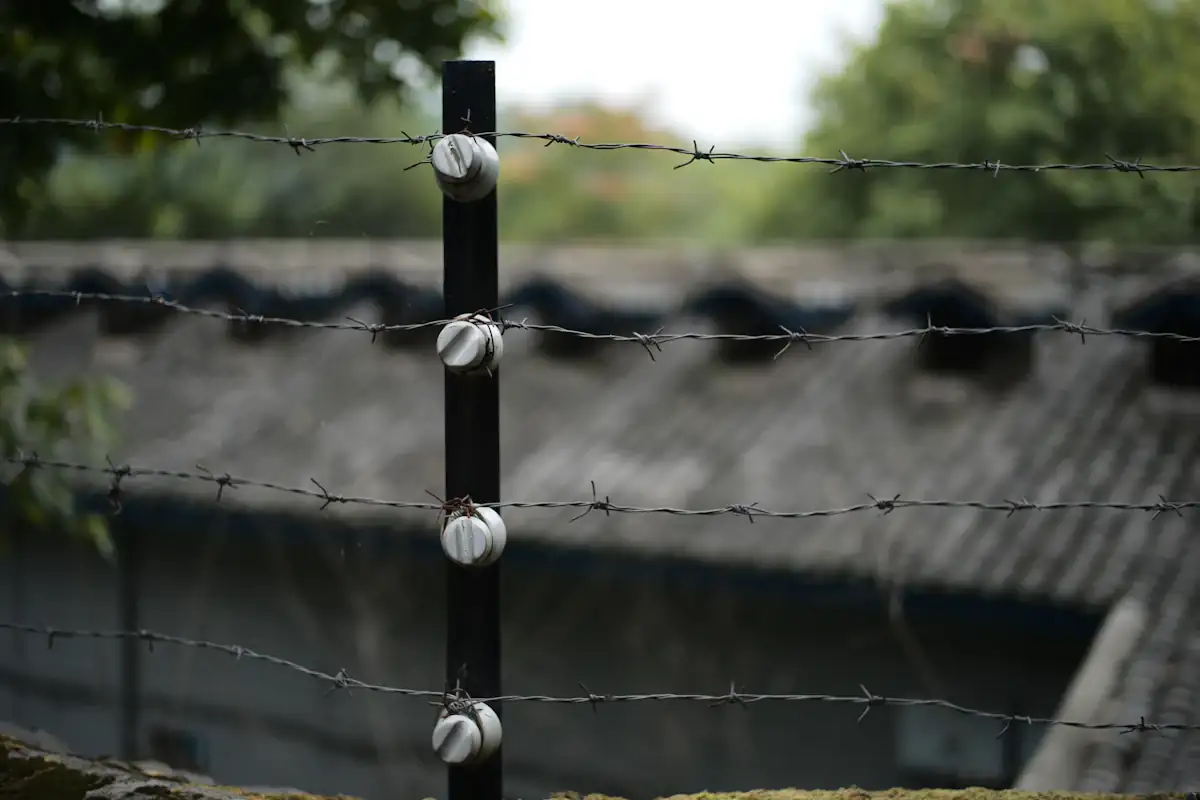 Security fence line with insulators