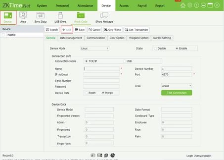 Add Device form with connection mode, name, IP address, port, area and device data options