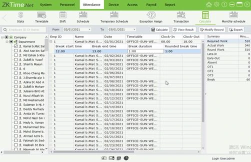 Attendance Calculate screen with a results table showing regular work, late-in, early-out and overtime for each day