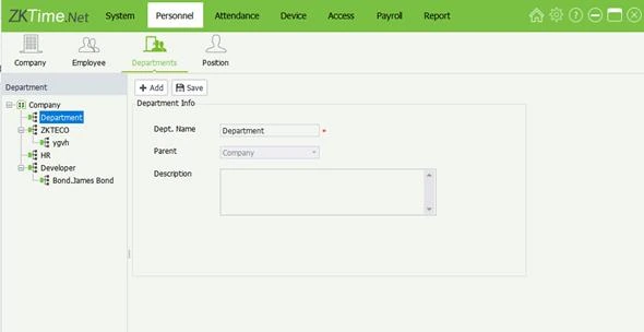 Departments screen with the company tree on the left and the Add Department form on the right