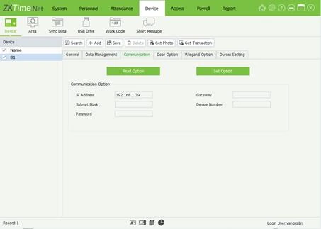 Device Communication tab showing IP address, gateway, subnet mask, device number and password with Read Option and Set Option buttons