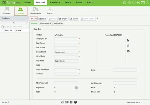 Add Employee form with status, employee ID, name, department, hire date, pay mode, area and device privilege