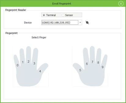 Enroll Fingerprint window connected to a terminal showing the message Select Finger and two hands