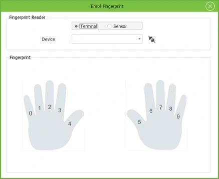 Enroll Fingerprint window with Terminal selected and the device list empty before connecting