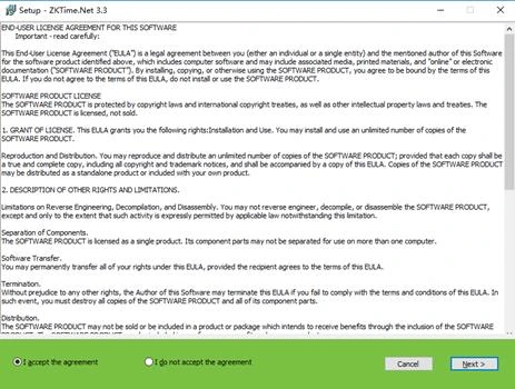 ZKTime.Net setup wizard showing the licence agreement and the accept option