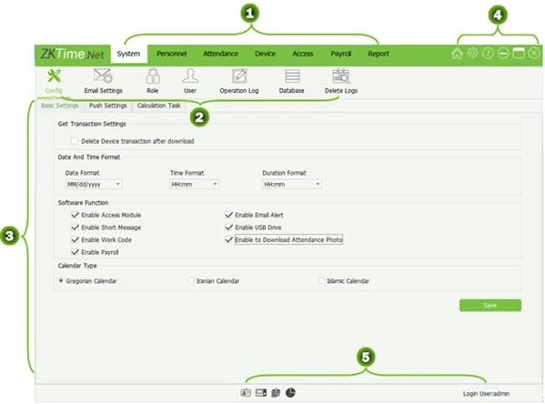 ZKTime.Net main window with numbered callouts on the menu tabs, shortcut icons and the status bar