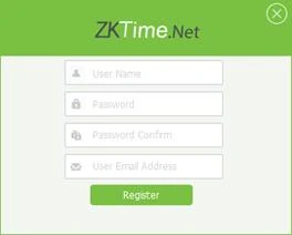 ZKTime.Net first-run screen asking for user name, password, password confirm and email