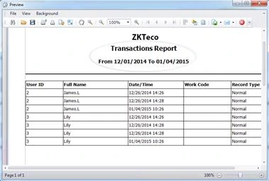 Preview of a Transactions Report listing user ID, name, date and time, work code and record type