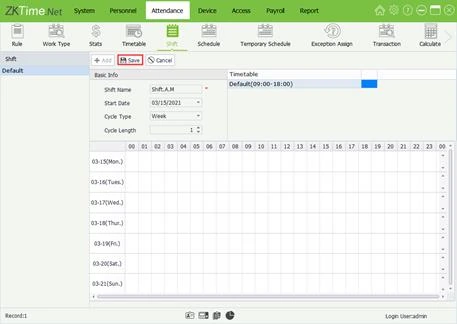 Add Shift screen with shift name, start date, cycle type and a weekly grid where timetables are placed