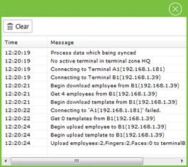 Sync progress window listing connecting, downloading and uploading steps with times