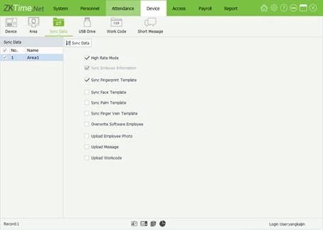 Sync Data screen with checkboxes for employee information and fingerprint templates and an area list