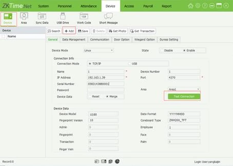 Add Device form with the Test Connection button highlighted and device data filled in after a successful connection