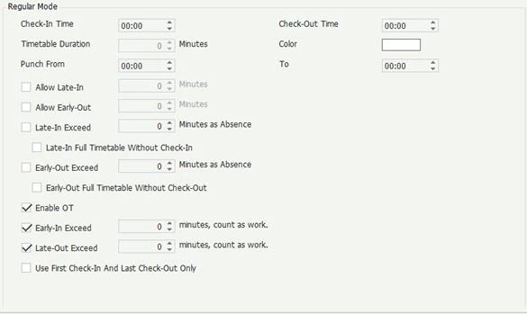 Timetable settings with check-in and check-out time, allowed late-in and early-out minutes and overtime options