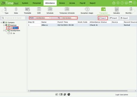 Attendance Transaction screen listing employee punches with date, time and punch state for a chosen date range