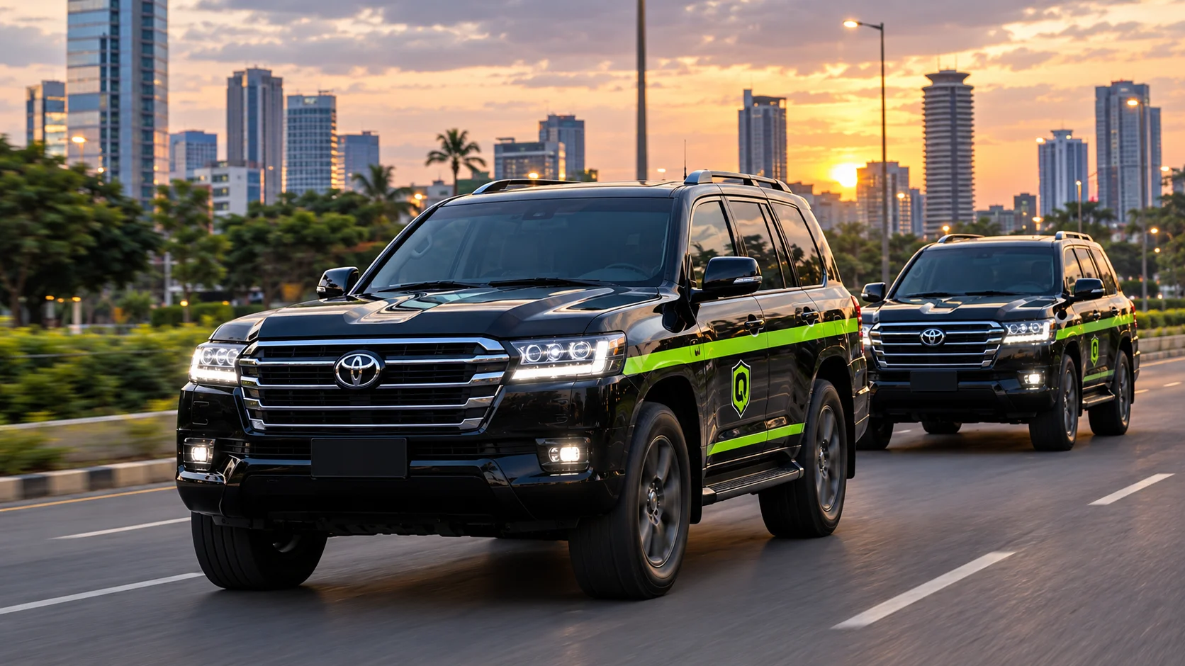 Private escort vehicles moving an executive