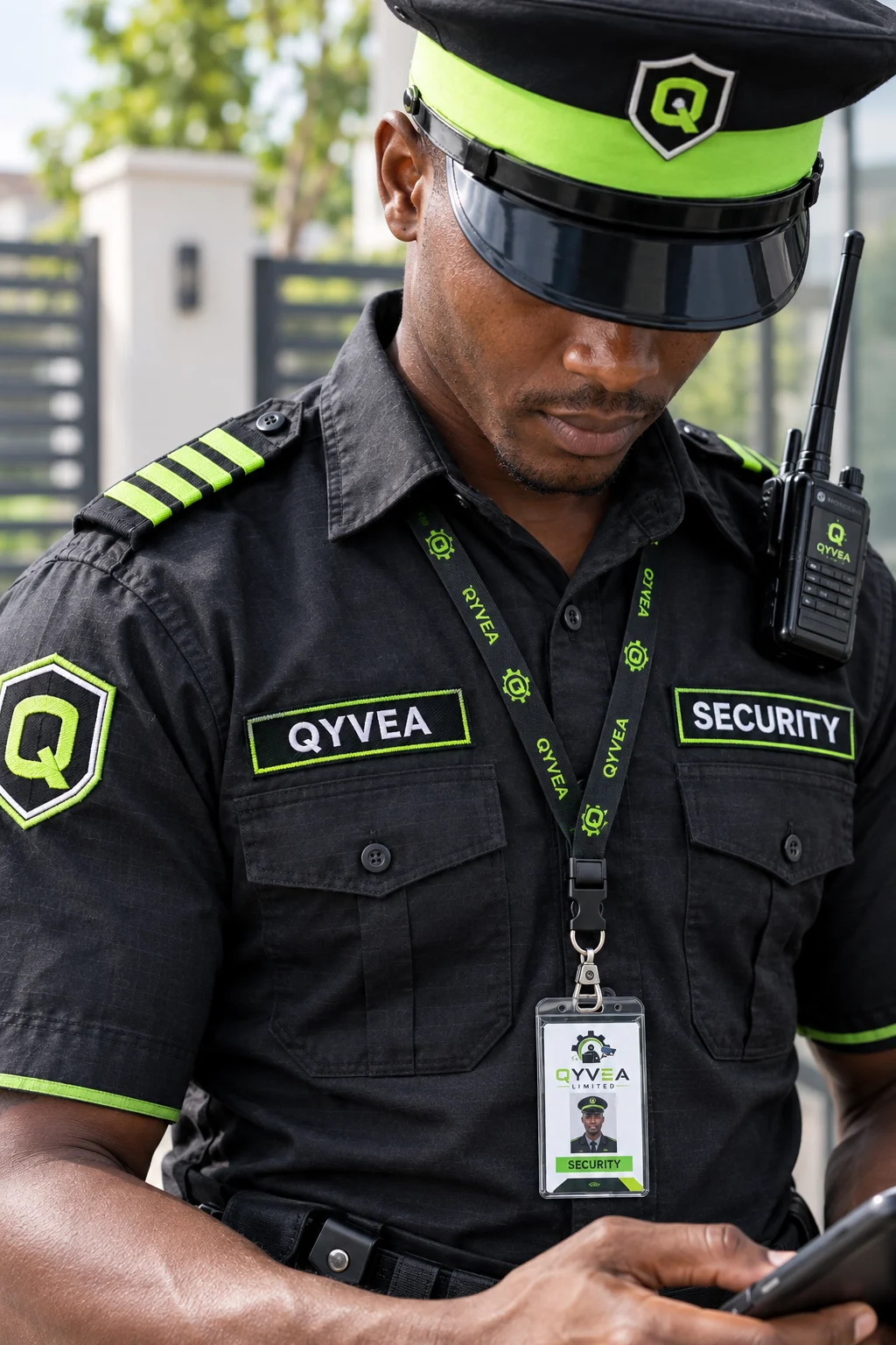 Qyvea officer in uniform with cap badge, name tape, sleeve patch, ID card and radio